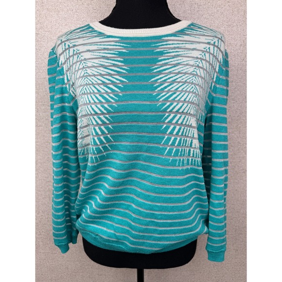 Sweaters - St. John Teal Tropical Palm Print Santana Knit Pullover Sweater Cashmere Blend M